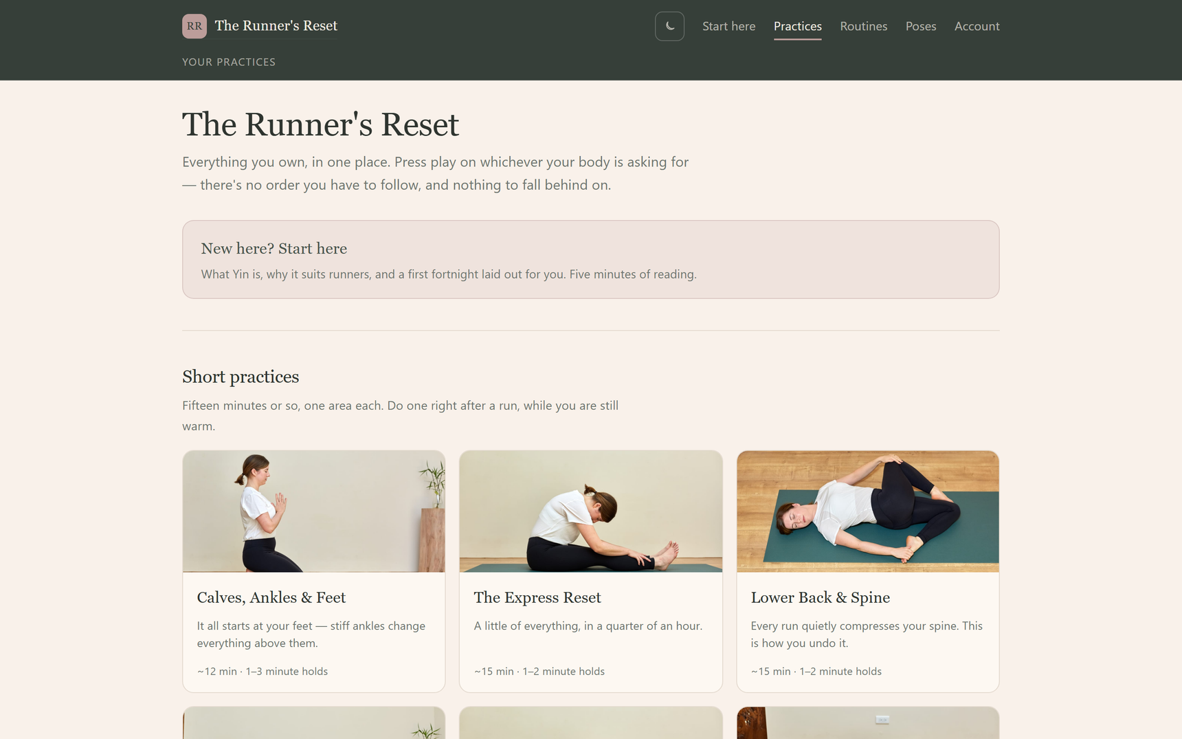 The Runner's Reset library, showing practice cards with their length and hold times