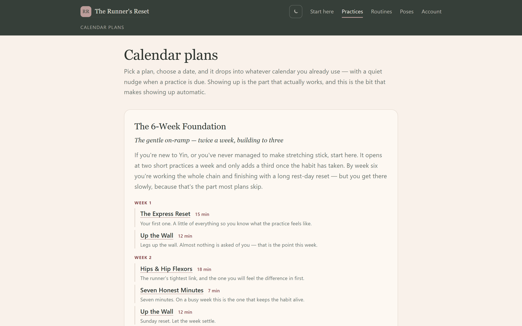 The calendar plans page, showing week one of the 6-Week Foundation