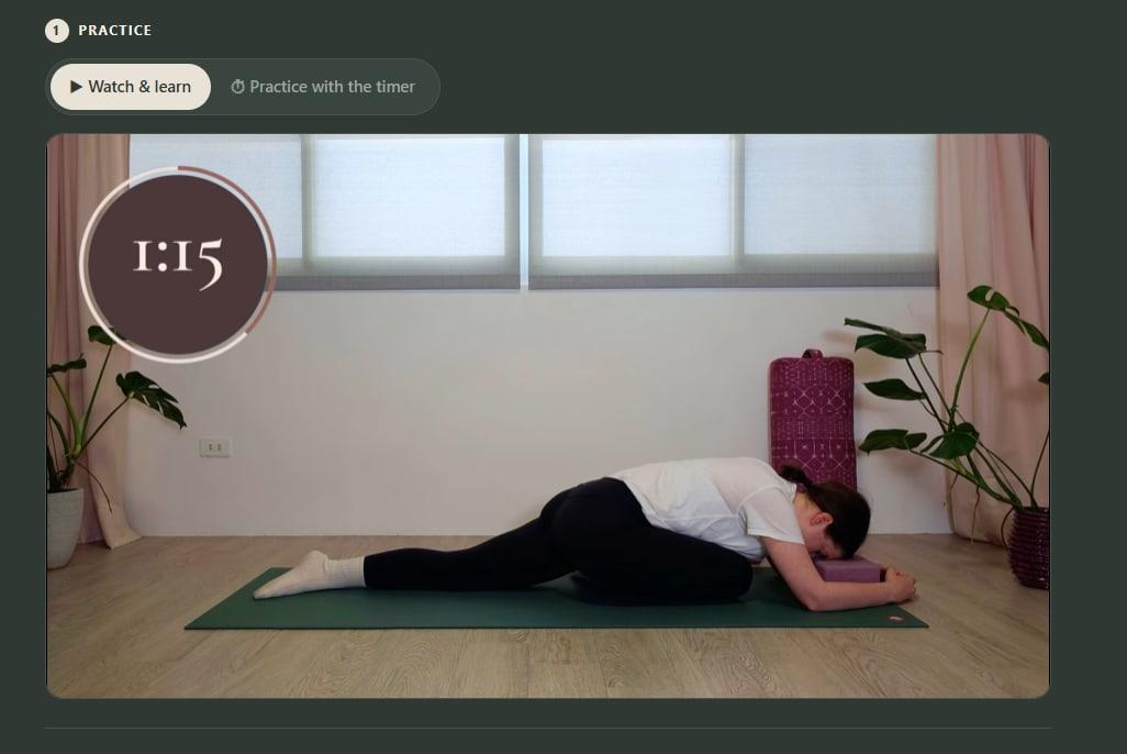 A practice page in The Runner's Reset, showing the follow-along video and the tab to switch to the hold timer