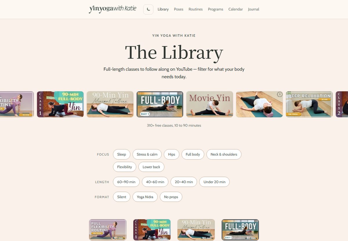 The Library — the filterable Yin Yoga class library at yinyogawithkatie.com