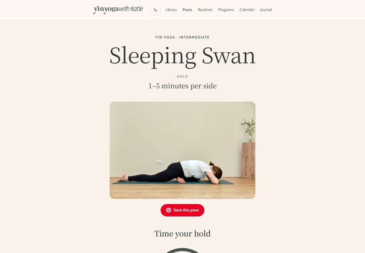A Yin Yoga pose page with cues, hold time and a built-in hold timer