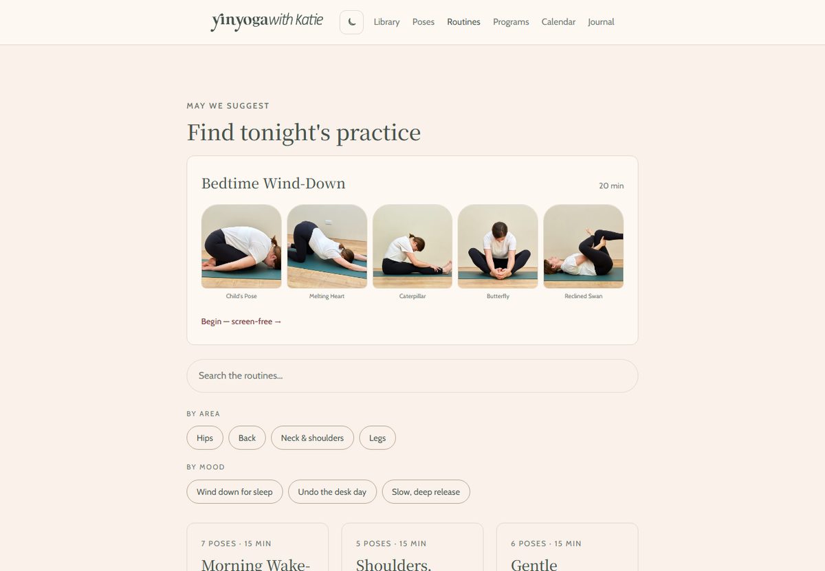 Self-guided Yin Yoga routines, filterable by area and mood