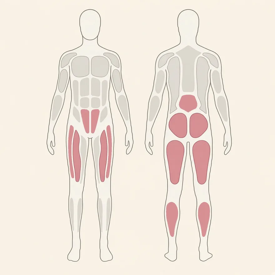 Front and back body map with the muscles this routine works picked out: the hip flexors, quads, glutes, hamstrings, calves and lower back