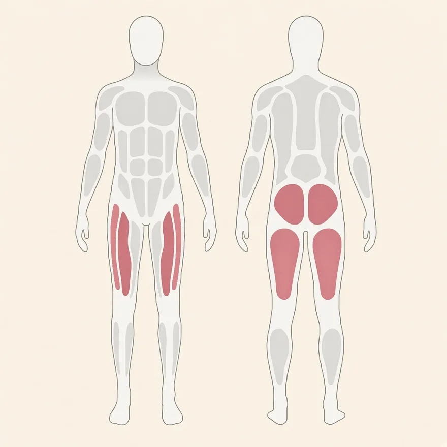 Front and back body map with the muscles this routine works picked out: the hip flexors, glutes and outer hip