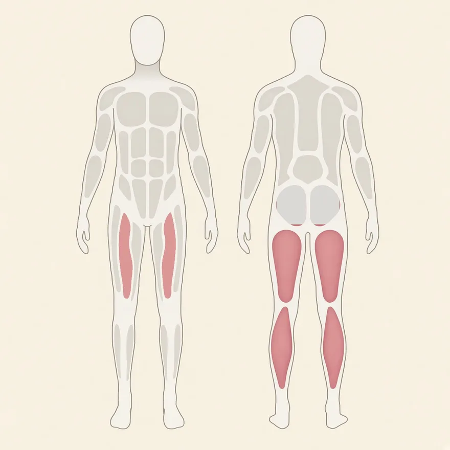 Front and back body map with the muscles this routine works picked out: the hamstrings, calves and feet