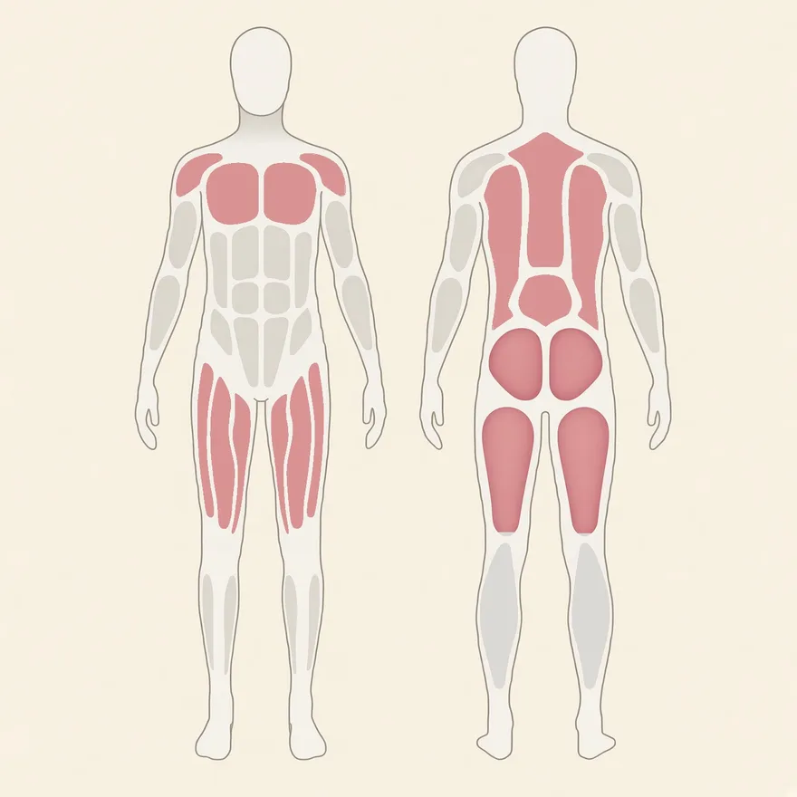 Front and back body map with the muscles this routine works picked out: the shoulders, chest, back, glutes and thighs