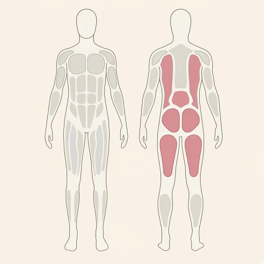 Front and back body map with the muscles this routine works picked out: the lower back, upper back, glutes and hamstrings