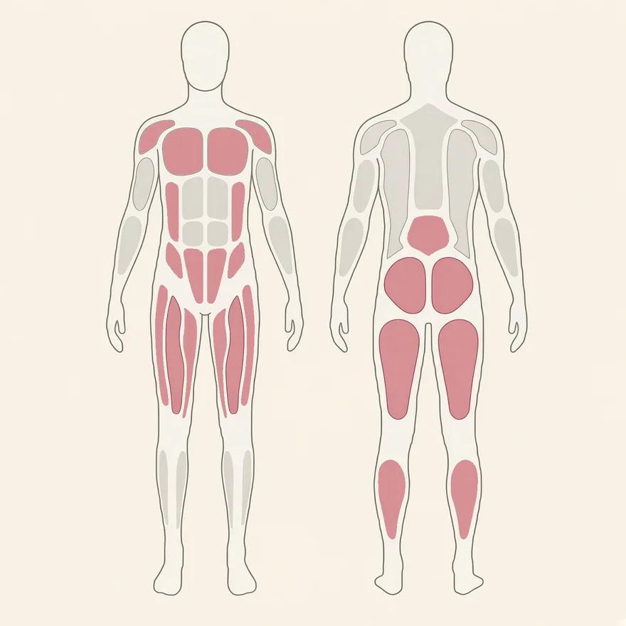 Front and back body map with the muscles this routine works picked out: the chest, shoulders, hip flexors, quads, inner thighs, side body, glutes, lower back and the backs of the legs