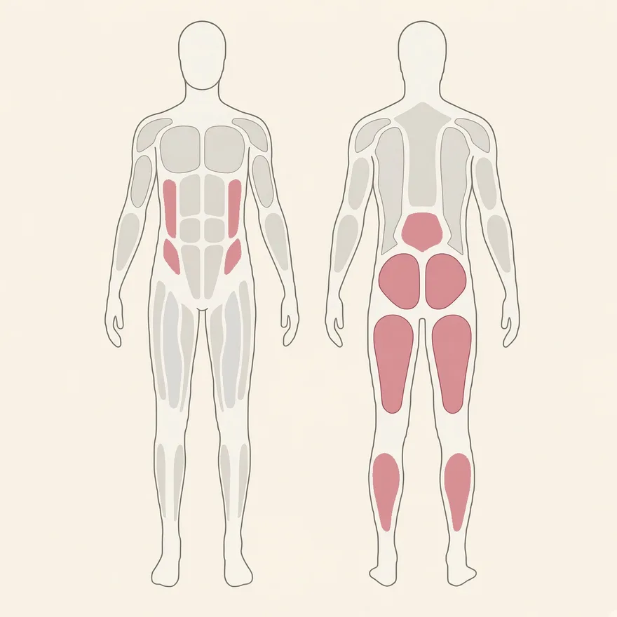 Front and back body map with the muscles this routine works picked out: the glutes, hamstrings, side body, lower back and calves