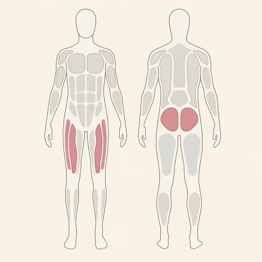 Front and back body map with the muscles this routine works picked out: the outer hip, glutes and quads