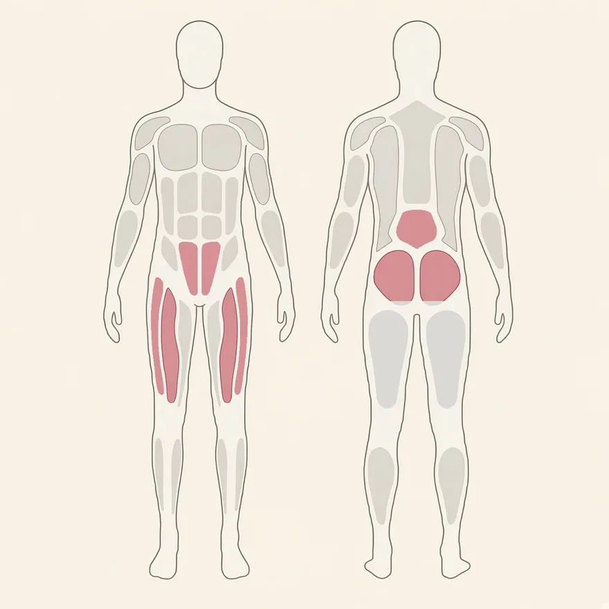 Front and back body map with the muscles this routine works picked out: the hip flexors, quads, outer hip, glutes and lower back